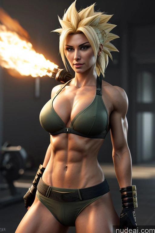 ai nude image of arafed woman in a bikini with a fire in her hand pics of Super Saiyan Busty Front View Woman Science Fiction Style Blonde Martial Arts Abs Muscular Battlefield Cosplay Cyborg