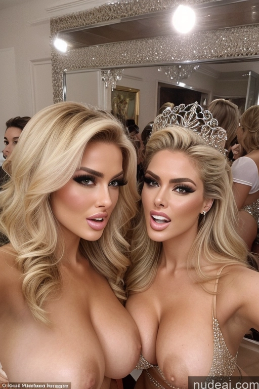 ai nude image of two women in a room with a mirror and a mirror pics of Miss Universe Model Huge Boobs 20s Two Several Party Mirror Selfie Blonde Close-up View Shocked