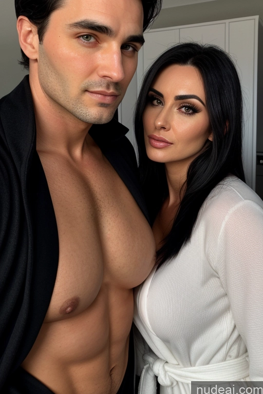 ai nude image of arafed man and woman posing for a picture in a kitchen pics of Two Milf Woman Bathrobe Cleavage Kitchen Black Hair Sad 20s 30s Perfect Boobs Huge Boobs Big Ass Perfect Body Fairer Skin Woman + Man