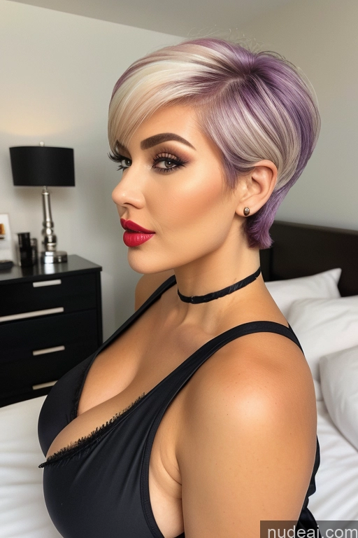 ai nude image of arafed woman with purple hair and black bra top posing on bed pics of Huge Boobs Big Hips Seductive Big Ass Lipstick Bimbo 50s Purple Hair Pixie Dark Skin Short Hair Tall Cooking Nun Back View Bedroom