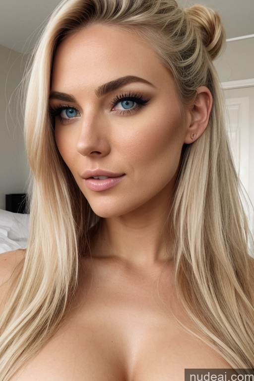 ai nude image of a close up of a woman with long blonde hair and blue eyes pics of Woman Perfect Boobs Small Ass 18 Blonde Bedroom Front View Nude One Sexy Face Hair Bun Scandinavian Cumshot