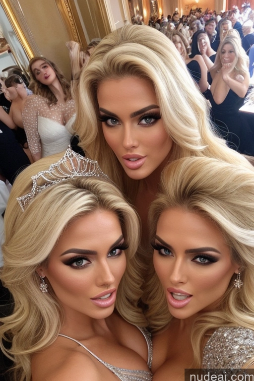 ai nude image of two women in tiables posing for a picture with a crowd pics of Miss Universe Model Huge Boobs 20s Two Several Party Mirror Selfie Blonde Shocked Close-up View Front View