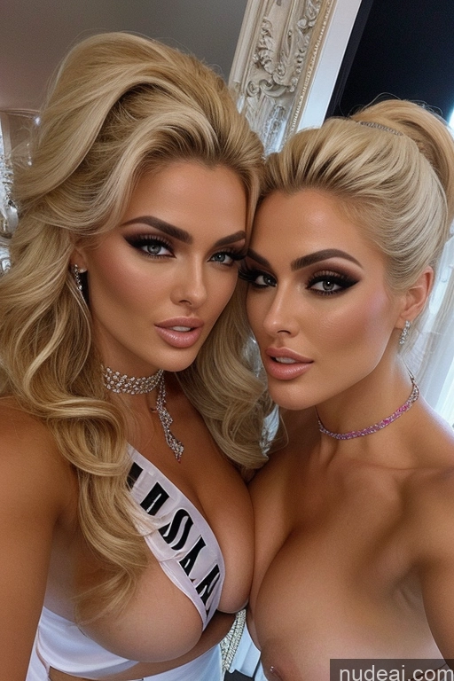 ai nude image of two women in lingersuits posing for a picture in a mirror pics of Miss Universe Model Huge Boobs 20s Two Several Party Mirror Selfie Close-up View Shocked Front View Blonde Choker