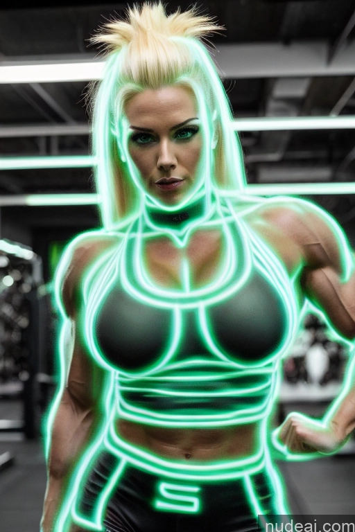 ai nude image of a close up of a person with a neon body posing pics of Super Saiyan Science Fiction Style Cosplay Woman Busty Bodybuilder Blonde Neon Lights Clothes: Green Front View Green Hair Cyborg Neon Lights Clothes: Blue