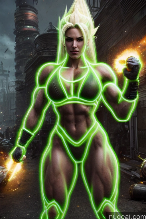 ai nude image of a close up of a person with a green light on a street pics of Super Saiyan Science Fiction Style Woman Busty Neon Lights Clothes: Green Front View Green Hair Muscular Cosplay Cyborg Battlefield Several Two Neon Lights Clothes: Yellow