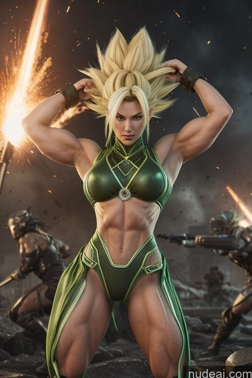 ai nude image of arafed woman in a green outfit with a sword and fire pics of Super Saiyan Busty Neon Lights Clothes: Green Front View Green Hair Muscular Several Two Science Fiction Style Neon Lights Clothes: Red Neon Lights Clothes: Orange Battlefield Cyborg