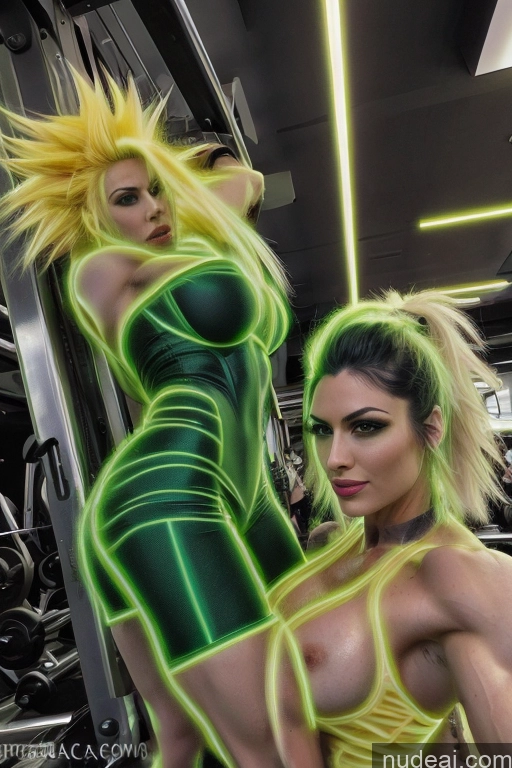 ai nude image of arafed woman in a green outfit posing next to a woman in a yellow dress pics of Super Saiyan Busty Neon Lights Clothes: Green Front View Green Hair Muscular Several Two Neon Lights Clothes: Yellow Science Fiction Style Woman