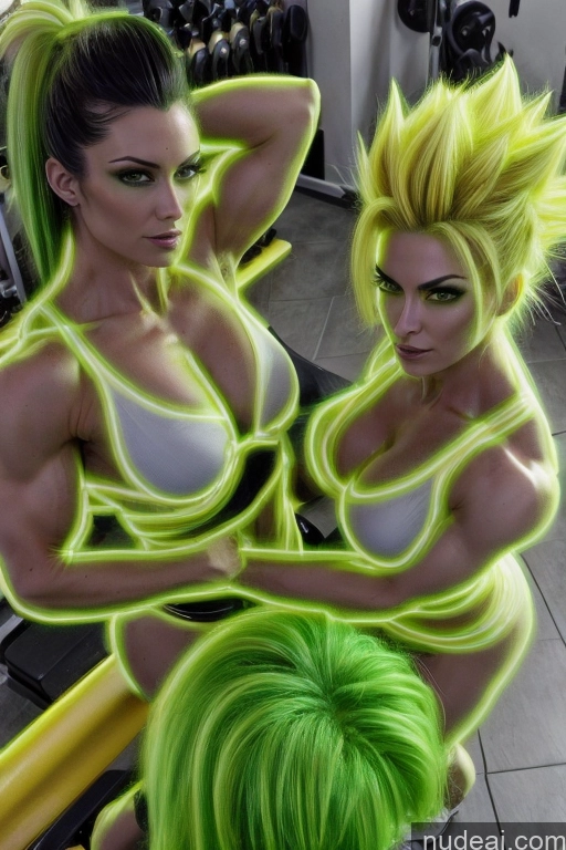 ai nude image of there are two women with green hair in a gym pics of Super Saiyan Busty Neon Lights Clothes: Green Front View Green Hair Muscular Several Two Neon Lights Clothes: Yellow Science Fiction Style Woman