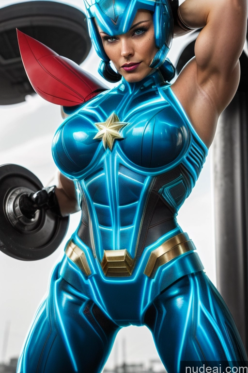 ai nude image of araffe woman in blue costume holding a barbell in front of a building pics of Woman Busty Muscular Blue Hair Deep Blue Eyes Front View Superhero Neon Lights Clothes: Blue Cosplay Captain Marvel Science Fiction Style Abs SuperMecha: A-Mecha Musume A素体机娘