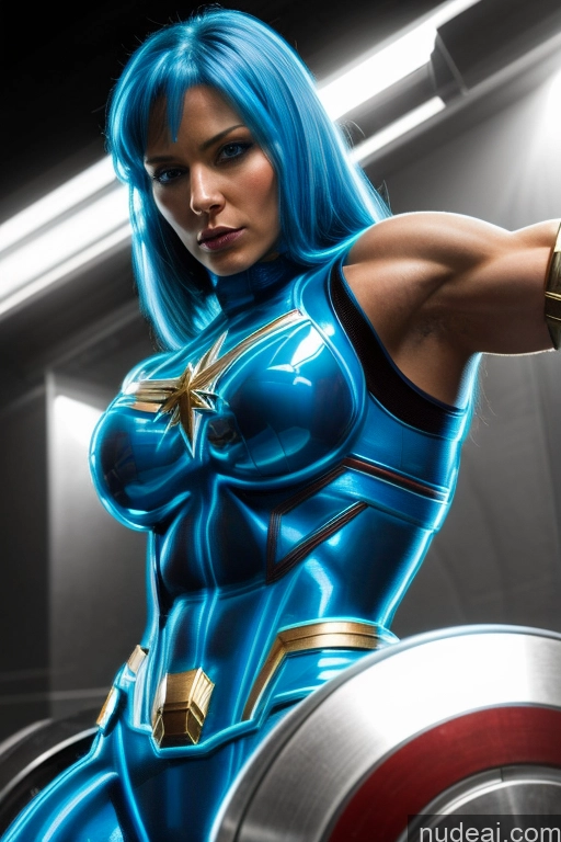 ai nude image of a close up of a woman in a blue costume holding a shield pics of Woman Busty Blue Hair Deep Blue Eyes Front View Superhero Neon Lights Clothes: Blue Cosplay Captain Marvel Science Fiction Style Abs SuperMecha: A-Mecha Musume A素体机娘 Bodybuilder Muscular