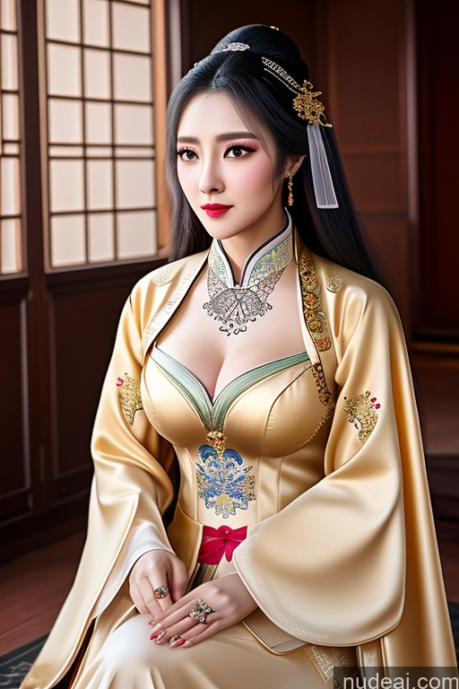 ai nude image of araffe woman in a traditional chinese dress sitting on a rug pics of TangWuTong Busty Snow Gold Jewelry Hanfu V4