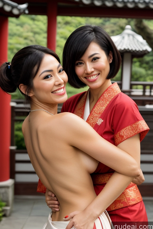 ai nude image of there are two asian women hugging each other in a courtyard pics of Model Two Small Tits Small Ass Pubic Hair Short Hair Happy Sexy Face Black Hair Bobcut Hair Bun Ponytail Straight Filipina Chinese Indonesian Japanese Malaysian Vietnamese Mountains Lake Bending Over Nude Geisha Kimono Long Skirt Martial Arts Ninja Traditional Topless Partially Nude Jewelry Dark Skin 30s