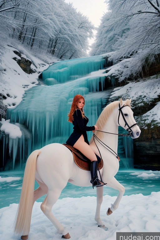 ai nude image of woman riding a horse in front of a waterfall in the snow pics of Soft Anime Wooden Horse Looking At Sky Elemental Series - Ice Waterfall Forest