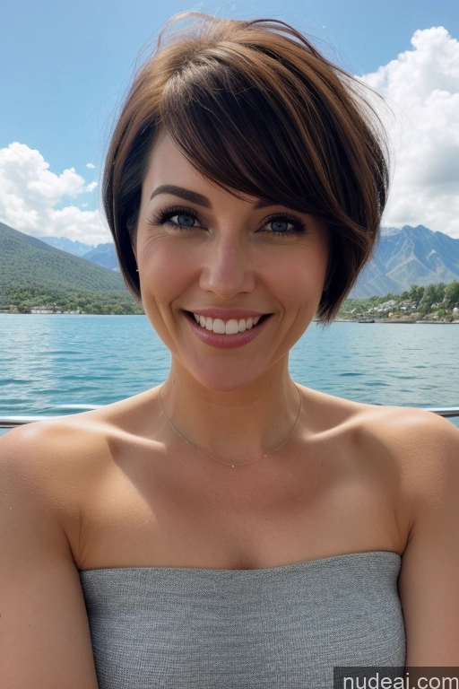 ai nude image of smiling woman in a strapless top on a boat in the water pics of Beautiful Orgasm Big Ass Nude Shocked Short Hair 40s Milf Happy Yacht Lake Mountains