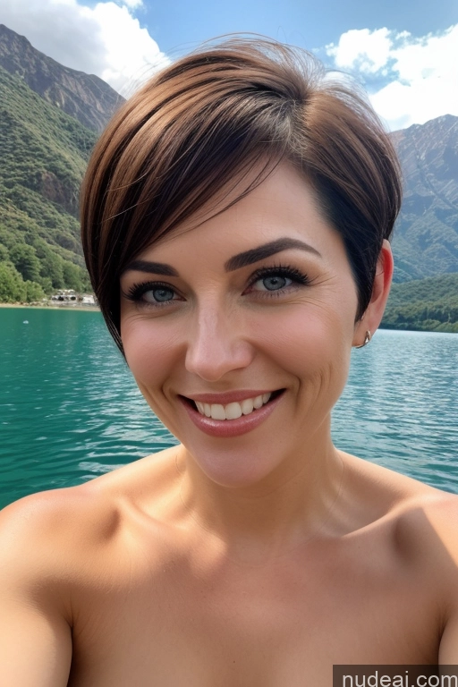 ai nude image of smiling woman with short brown hair and blue eyes on a boat pics of Beautiful Orgasm Big Ass Nude Shocked Short Hair 40s Milf Happy Yacht Lake Mountains White Hair