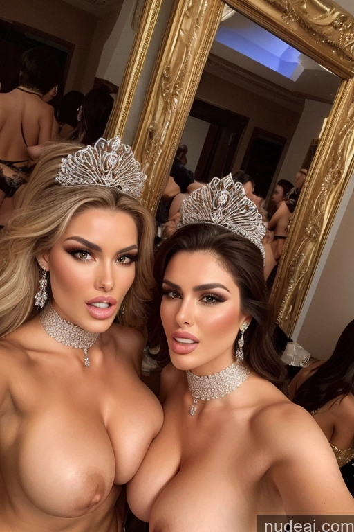 ai nude image of two women in tiables posing for a picture in front of a mirror pics of Miss Universe Model Huge Boobs Perfect Boobs 20s Two Several Party Mirror Selfie Close-up View Shocked Choker Nude