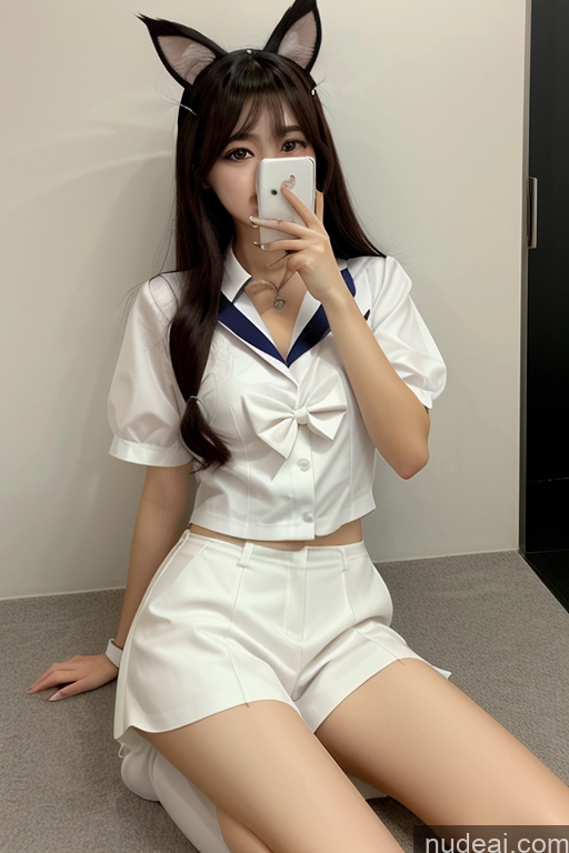 Ahri, 1girl, Long Hair, Animal Ears, Whisker Markings, Korean Clothes, Cleavage, Detached Sleeves Scissors Pose JK Uniform