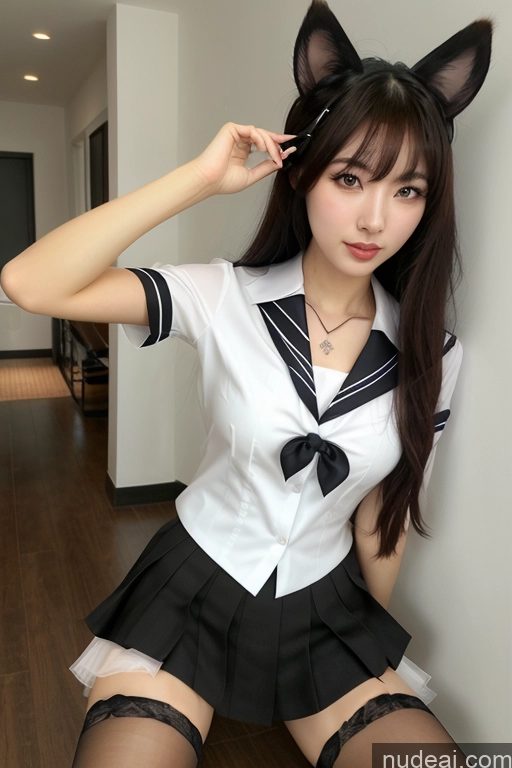 Ahri, 1girl, Long Hair, Animal Ears, Whisker Markings, Korean Clothes, Cleavage, Detached Sleeves Scissors Pose JK Uniform