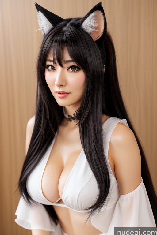 ai nude image of there is a woman with long hair wearing a white top and cat ears pics of Ahri, 1girl, Long Hair, Animal Ears, Whisker Markings, Korean Clothes, Cleavage, Detached Sleeves