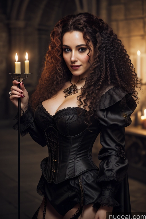 Detailed Dark Lighting Gold Jewelry Cleavage French Musketeer Dress Victorian Vampire Satin Corset Dark_Fantasy_Style Swedish Irish Messy Ginger Seductive Happy Fairer Skin Curly Hair British Russian Film Photo Dark Fantasy Small Tits Human SexToy Church Moon Prison Goth Halloween Medieval