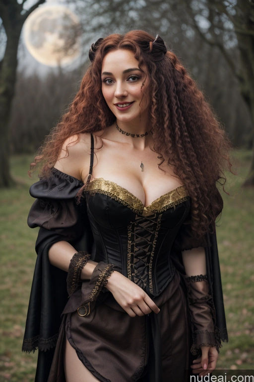 Detailed Dark Lighting Gold Jewelry Cleavage French Musketeer Dress Victorian Vampire Satin Corset Dark_Fantasy_Style Swedish Irish Messy Ginger Seductive Happy Fairer Skin Curly Hair British Russian Film Photo Dark Fantasy Small Tits Human SexToy Church Moon Prison Goth Halloween Medieval