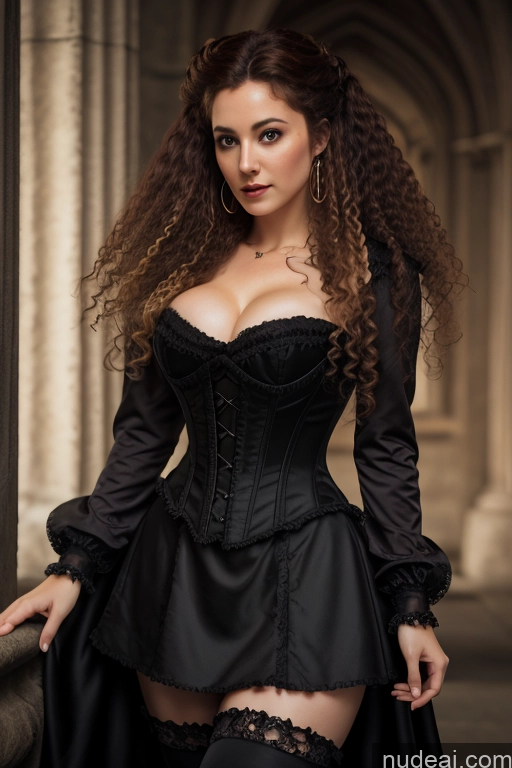 Detailed Dark Lighting Gold Jewelry Cleavage French Musketeer Dress Victorian Vampire Satin Corset Dark_Fantasy_Style Swedish Irish Messy Ginger Seductive Fairer Skin Curly Hair British Russian Film Photo Dark Fantasy Small Tits Human SexToy Church Moon Prison Goth Halloween Medieval