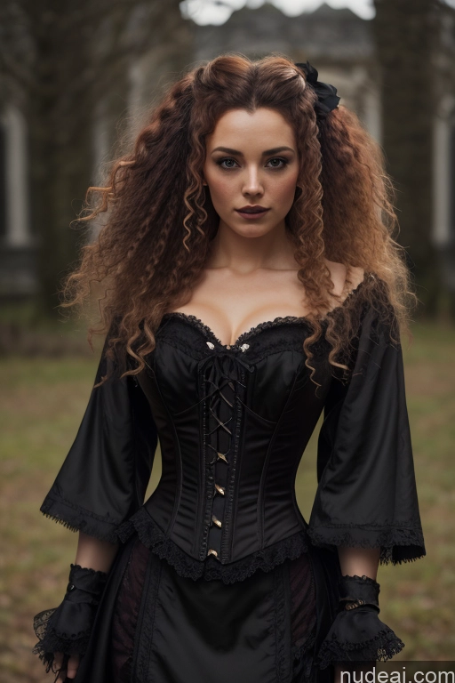 Detailed Dark Lighting Gold Jewelry French Musketeer Dress Victorian Vampire Satin Corset Dark_Fantasy_Style Swedish Irish Messy Ginger Seductive Fairer Skin Curly Hair British Russian Film Photo Dark Fantasy Small Tits Human SexToy Church Moon Prison Goth Halloween Medieval