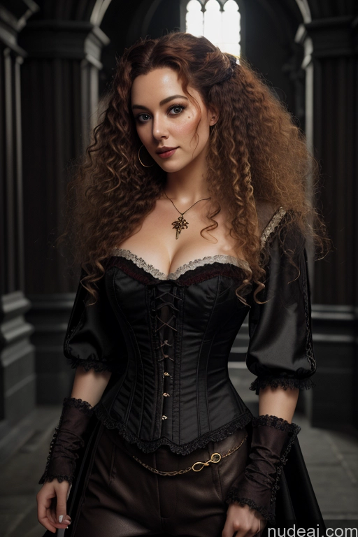 Detailed Dark Lighting Gold Jewelry French Musketeer Dress Victorian Vampire Satin Corset Dark_Fantasy_Style Swedish Irish Messy Ginger Seductive Fairer Skin Curly Hair British Russian Film Photo Dark Fantasy Small Tits Human SexToy Church Moon Prison Goth Halloween Medieval