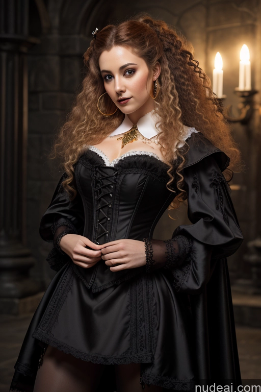 Detailed Dark Lighting Gold Jewelry French Musketeer Dress Victorian Vampire Satin Corset Dark_Fantasy_Style Swedish Irish Messy Ginger Seductive Fairer Skin Curly Hair British Russian Film Photo Dark Fantasy Small Tits Human SexToy Church Moon Prison Goth Halloween Medieval