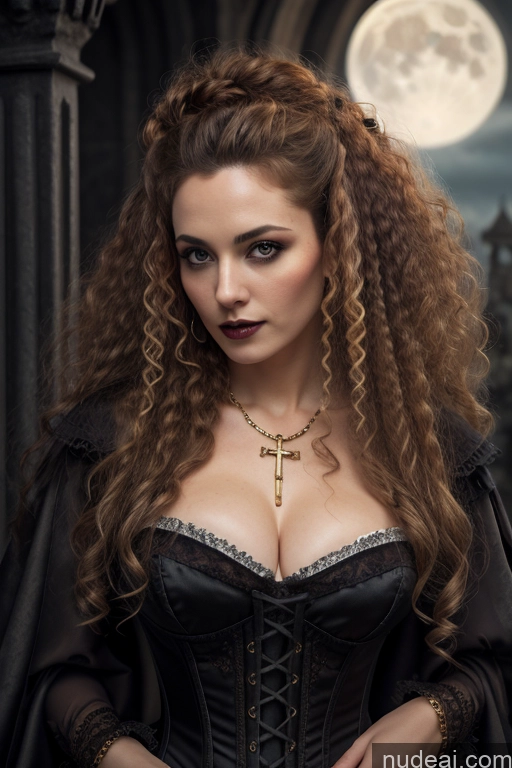 Detailed Dark Lighting Gold Jewelry French Musketeer Dress Victorian Vampire Satin Corset Dark_Fantasy_Style Swedish Irish Messy Ginger Seductive Fairer Skin Curly Hair British Russian Film Photo Dark Fantasy Small Tits Human SexToy Church Moon Prison Goth Halloween Medieval