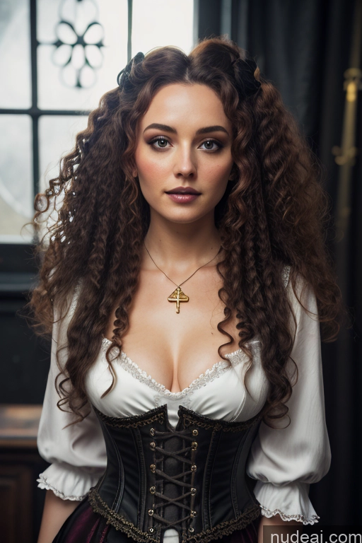 Detailed Dark Lighting Gold Jewelry French Musketeer Dress Victorian Vampire Satin Corset Dark_Fantasy_Style Swedish Irish Messy Ginger Seductive Fairer Skin Curly Hair British Russian Film Photo Dark Fantasy Small Tits Church Moon Prison Goth Halloween Medieval White