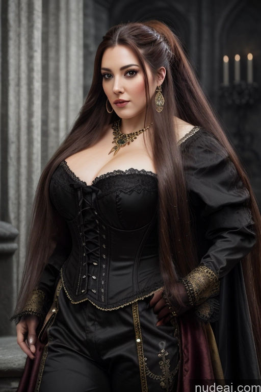 Detailed Dark Lighting Gold Jewelry French Musketeer Dress Victorian Vampire Satin Corset Dark_Fantasy_Style Swedish Irish Messy Seductive Fairer Skin British Russian Film Photo Dark Fantasy Church Moon Prison Goth Halloween Medieval White Huge Boobs Chubby Big Hips Brunette Long Hair