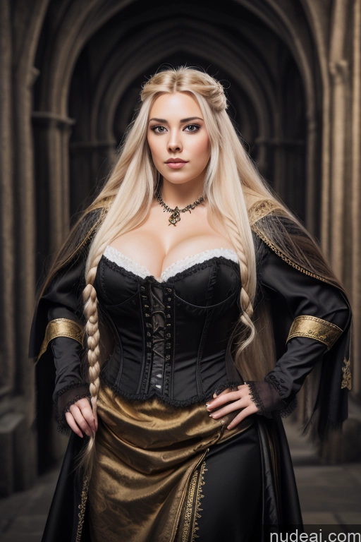 Detailed Dark Lighting Gold Jewelry French Musketeer Dress Victorian Vampire Satin Corset Dark_Fantasy_Style Swedish Messy Seductive Fairer Skin Film Photo Dark Fantasy Church Moon Prison Goth Halloween Medieval White Huge Boobs Chubby Big Hips Long Hair Blonde Scandinavian French