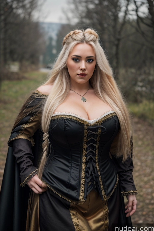 Detailed Dark Lighting Gold Jewelry French Musketeer Dress Victorian Vampire Satin Corset Dark_Fantasy_Style Swedish Messy Seductive Fairer Skin Film Photo Dark Fantasy Church Moon Prison Goth Halloween Medieval White Chubby Big Hips Long Hair Blonde Scandinavian French Busty