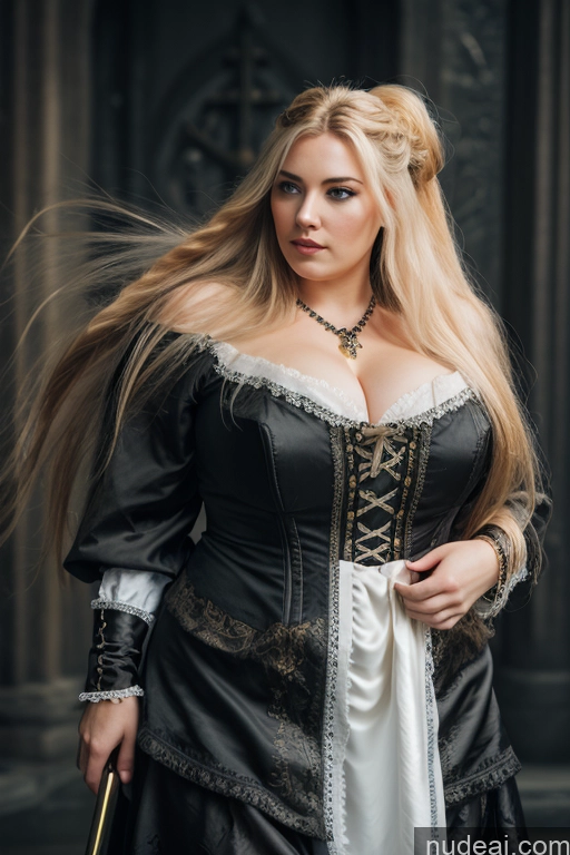 Detailed Dark Lighting Gold Jewelry French Musketeer Dress Victorian Vampire Satin Corset Dark_Fantasy_Style Swedish Messy Seductive Fairer Skin Film Photo Dark Fantasy Church Moon Prison Goth Halloween Medieval White Chubby Big Hips Long Hair Blonde Scandinavian French Busty