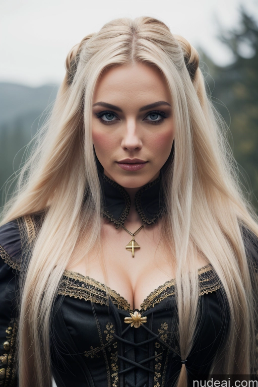 Detailed Dark Lighting Gold Jewelry French Musketeer Dress Victorian Vampire Satin Corset Dark_Fantasy_Style Swedish Messy Seductive Fairer Skin Film Photo Dark Fantasy Church Moon Prison Goth Halloween Medieval White Big Hips Long Hair Blonde Scandinavian French Busty