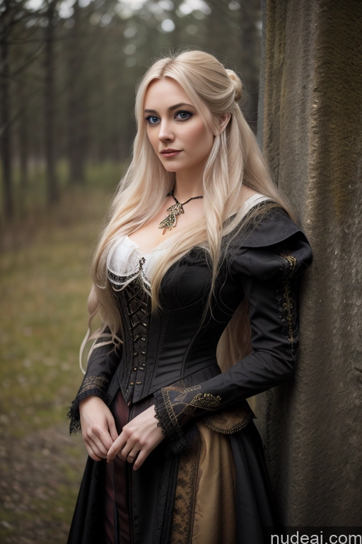 Detailed Dark Lighting Gold Jewelry French Musketeer Dress Victorian Vampire Satin Corset Dark_Fantasy_Style Swedish Messy Seductive Fairer Skin Film Photo Dark Fantasy Church Moon Prison Goth Halloween Medieval White Big Hips Long Hair Blonde Scandinavian French Busty