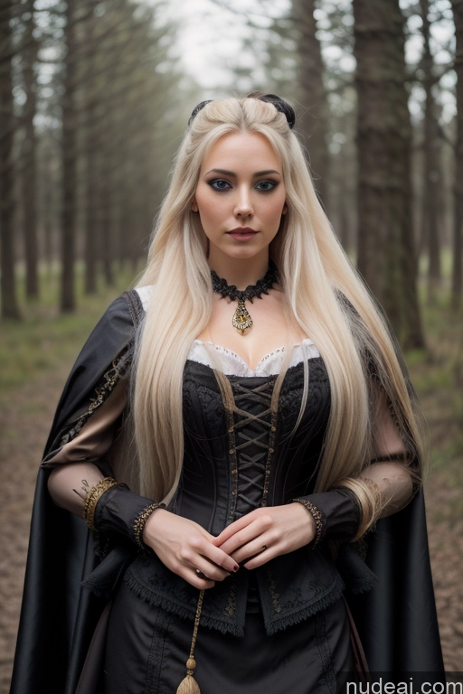 Detailed Dark Lighting Gold Jewelry French Musketeer Dress Victorian Vampire Satin Corset Dark_Fantasy_Style Swedish Messy Seductive Fairer Skin Film Photo Dark Fantasy Church Moon Prison Goth Halloween Medieval White Big Hips Long Hair Blonde Scandinavian French Busty