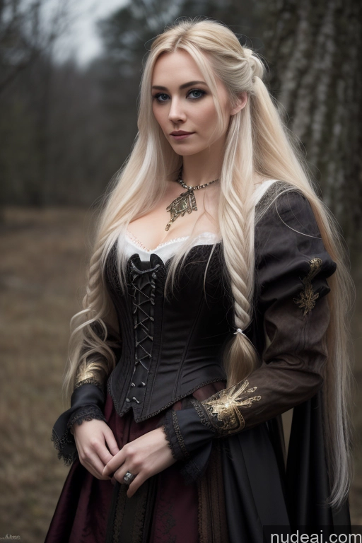 Detailed Dark Lighting Gold Jewelry French Musketeer Dress Victorian Vampire Satin Corset Dark_Fantasy_Style Swedish Messy Seductive Fairer Skin Film Photo Dark Fantasy Church Moon Prison Goth Halloween Medieval White Big Hips Long Hair Blonde Scandinavian French Busty