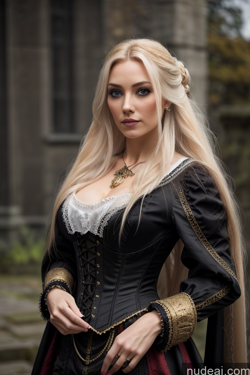 Detailed Dark Lighting Gold Jewelry French Musketeer Dress Victorian Vampire Satin Corset Dark_Fantasy_Style Swedish Messy Seductive Fairer Skin Film Photo Dark Fantasy Church Moon Prison Goth Halloween Medieval White Big Hips Long Hair Blonde Scandinavian French Busty Wedding Nun