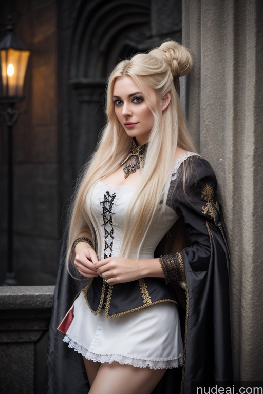 Detailed Dark Lighting Gold Jewelry French Musketeer Dress Victorian Vampire Satin Corset Dark_Fantasy_Style Swedish Messy Seductive Fairer Skin Film Photo Dark Fantasy Church Moon Prison Goth Halloween Medieval White Big Hips Long Hair Blonde Scandinavian French Busty Wedding Nun