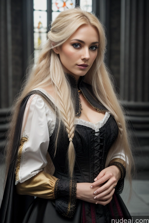 Detailed Dark Lighting Gold Jewelry French Musketeer Dress Victorian Vampire Satin Corset Dark_Fantasy_Style Swedish Messy Seductive Fairer Skin Film Photo Dark Fantasy Church Moon Prison Goth Halloween Medieval White Big Hips Long Hair Blonde Scandinavian French Busty Wedding Nun Cleavage