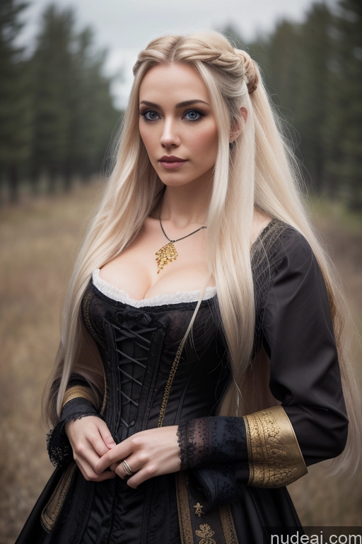 Detailed Dark Lighting Gold Jewelry French Musketeer Dress Victorian Vampire Satin Corset Dark_Fantasy_Style Swedish Messy Seductive Fairer Skin Film Photo Dark Fantasy Church Moon Prison Goth Halloween Medieval White Big Hips Long Hair Blonde Scandinavian French Busty Wedding Nun Cleavage