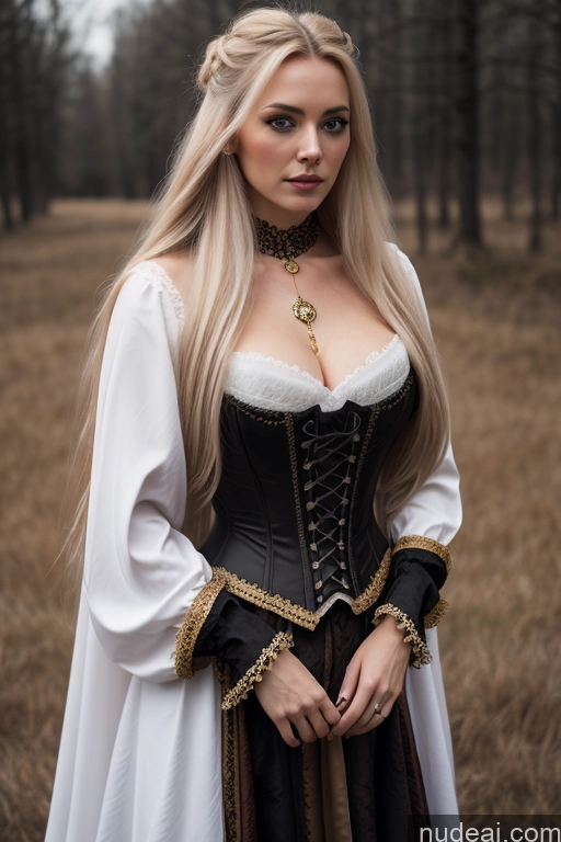 Dark Lighting Gold Jewelry French Musketeer Dress Victorian Vampire Satin Corset Dark_Fantasy_Style Swedish Messy Seductive Fairer Skin Film Photo Dark Fantasy Church Moon Prison Goth Halloween Medieval White Big Hips Long Hair Blonde Scandinavian French Busty Wedding Nun Cleavage Alternative