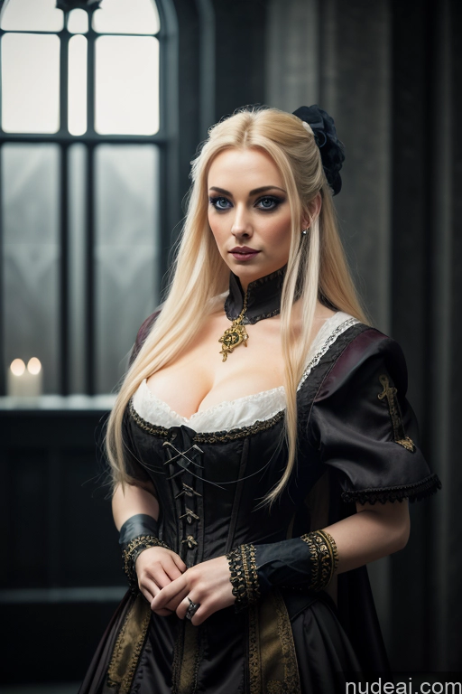 Dark Lighting Gold Jewelry French Musketeer Dress Victorian Vampire Satin Corset Dark_Fantasy_Style Swedish Seductive Fairer Skin Film Photo Dark Fantasy Church Moon Prison Goth Halloween Medieval White Big Hips Blonde Scandinavian French Busty Wedding Nun Cleavage Alternative Niqab Ponytail Fantasy Style Jeff Easley