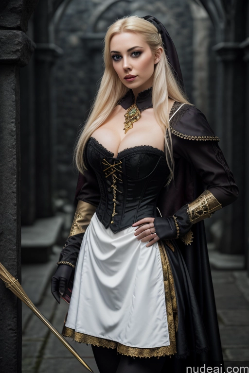 Dark Lighting Gold Jewelry French Musketeer Dress Victorian Vampire Satin Corset Dark_Fantasy_Style Swedish Seductive Fairer Skin Film Photo Dark Fantasy Church Moon Prison Goth Halloween Medieval White Big Hips Blonde Scandinavian French Busty Wedding Nun Cleavage Alternative Niqab Ponytail Fantasy Style Jeff Easley