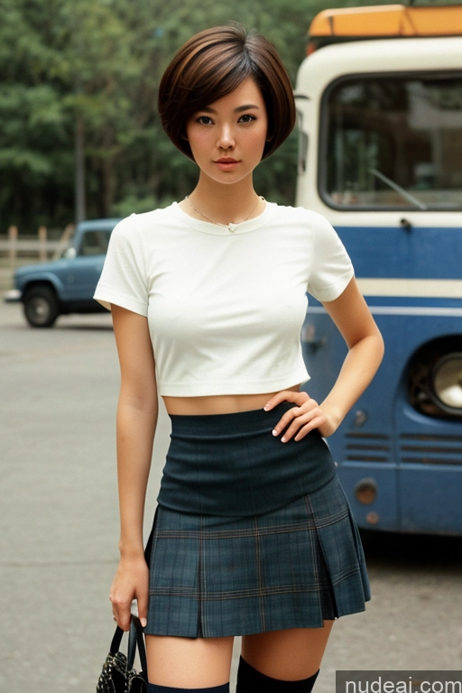 ai nude image of arafed asian woman in a skirt and knee high boots standing in front of a bus pics of Sorority Skinny Small Tits Short Small Ass 18 Asian Japanese Filipina Film Photo Skin Detail (beta) Kilt Long Skirt Thigh Socks Transparent Detailed Military Bus Street Train Bobcut Short Hair 60s 70s Vintage Dark Lighting High Socks Shirt