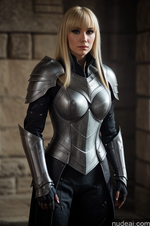 ai nude image of blond woman in armor posing for a picture in a stone wall pics of Dark Lighting Detailed Paladin Fashion Medieval Dark_Fantasy_Style Dark Fantasy Film Photo Knight Fantasy Armor Blonde Bangs