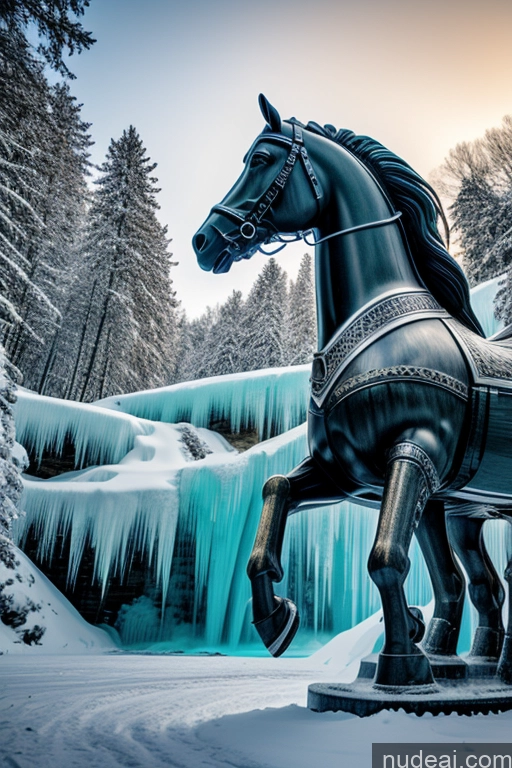 ai nude image of there is a statue of a horse that is standing in the snow pics of Cyborg Wooden Horse Looking At Sky Elemental Series - Ice Waterfall Forest