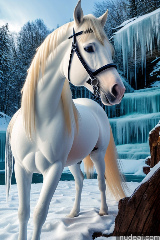 ai nude image of there is a white horse standing in the snow near a waterfall pics of Wooden Horse Looking At Sky Elemental Series - Ice Waterfall Forest